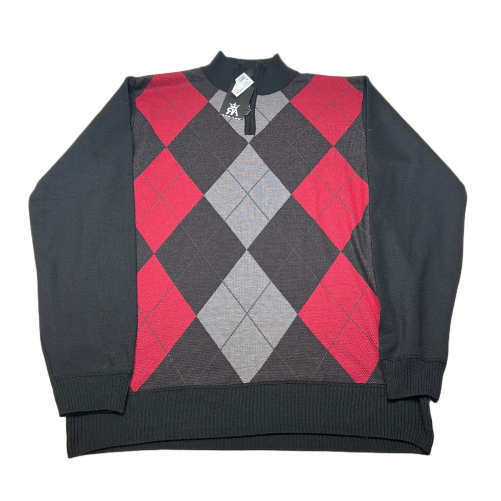 Red Ape Argyle 1/4 Zip Pullover Sweater Mens 2XL Black‎ Red Gray NEW